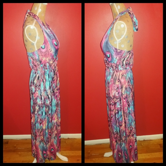 NWOT Feather Print Halter Maxi Dress - Picture 4 of 6